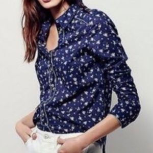 Free People Navy Button Down w/ Rosebud Print NWT